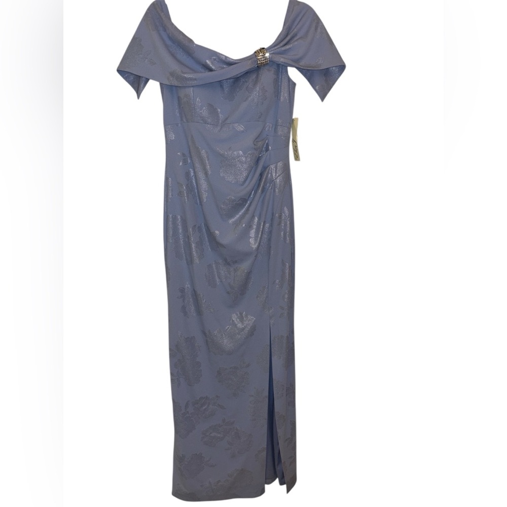 Eliza J Womens Sky Blue Metallic Floral Print Wedding Cocktail Dress Size 8- NWT